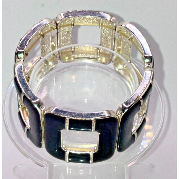 Black & Silver-Tone Metal Rounded Squares Stretch 3.5 Inch Bracelet Vintage! - Picture 4 of 8
